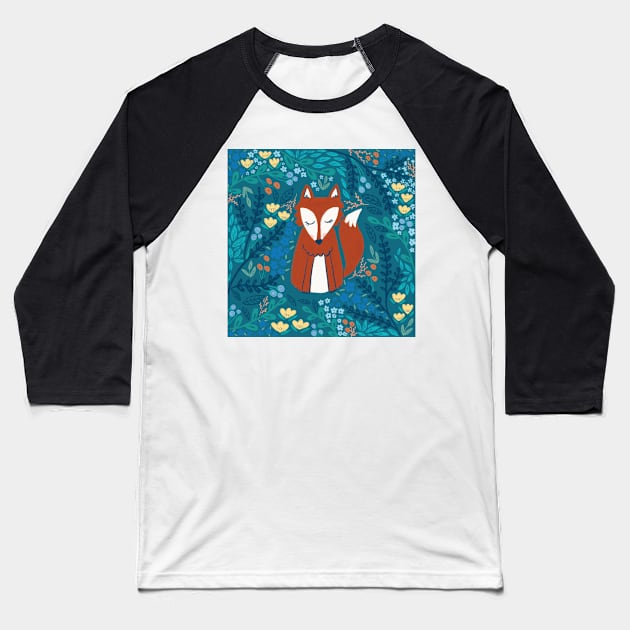 Winter Fox Floral Baseball T-Shirt by RuthMCreative